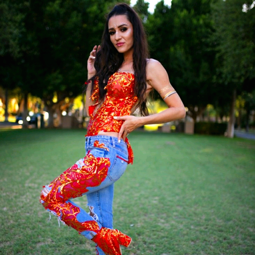 "CHARLOTTE" Red & Gold Custom Jeans